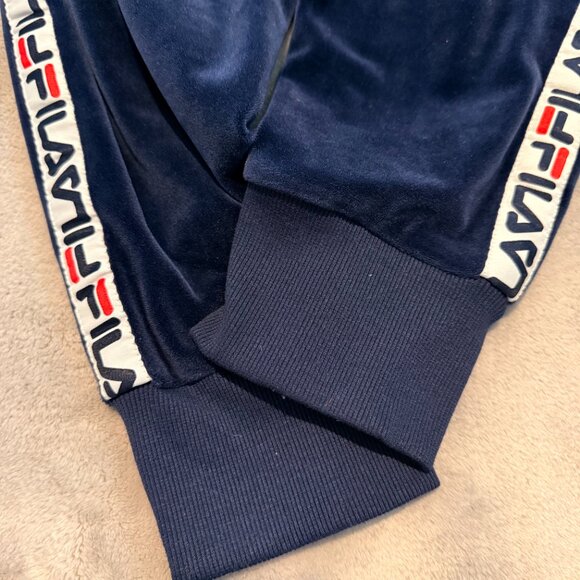 FILA Velour Track Suit Set Navy Blue Logo Tape Hoodie Joggers L/M - Picture 6 of 16